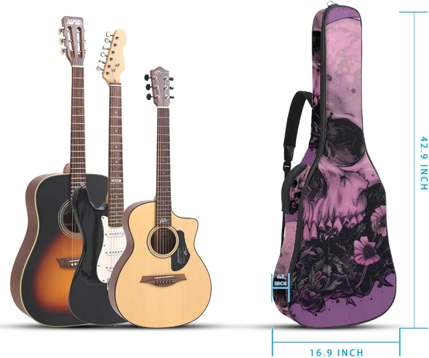 Skull Mushroom Moon Plant Purple Acoustic Guitar Gig Bag, 1 cm Thick Padding Waterproof Guitar Case Backpack with Dual Adjustable Shoulder Strap for 40-42 Inch Guitar