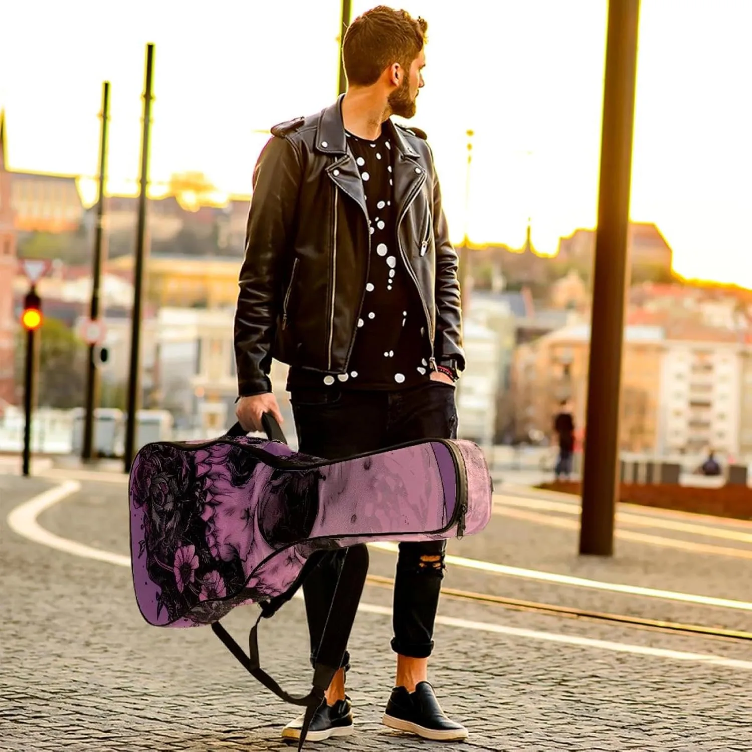 Skull Mushroom Moon Plant Purple Acoustic Guitar Gig Bag, 1 cm Thick Padding Waterproof Guitar Case Backpack with Dual Adjustable Shoulder Strap for 40-42 Inch Guitar