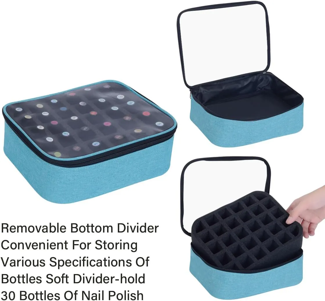 Small Clear Nail Polish Organizer Holds 30 bottles(15ml-0.5fl.oz) Nail Polish Case Multifunctional Nail Polish Bag organizer, Cosmetic Travel Makeup Cases for Women Green