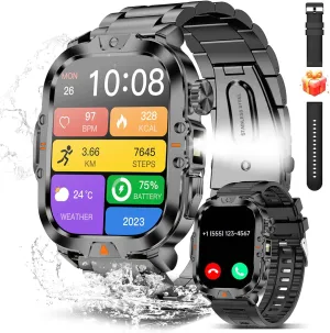 Smart Watch for Men Military Answer/Make Call 2.01″ Display 170  Sports Modes Fitness Smart Watch IP68 Waterproof 30 Days Standby Smartwatch for Android iOS Black (2 Straps)