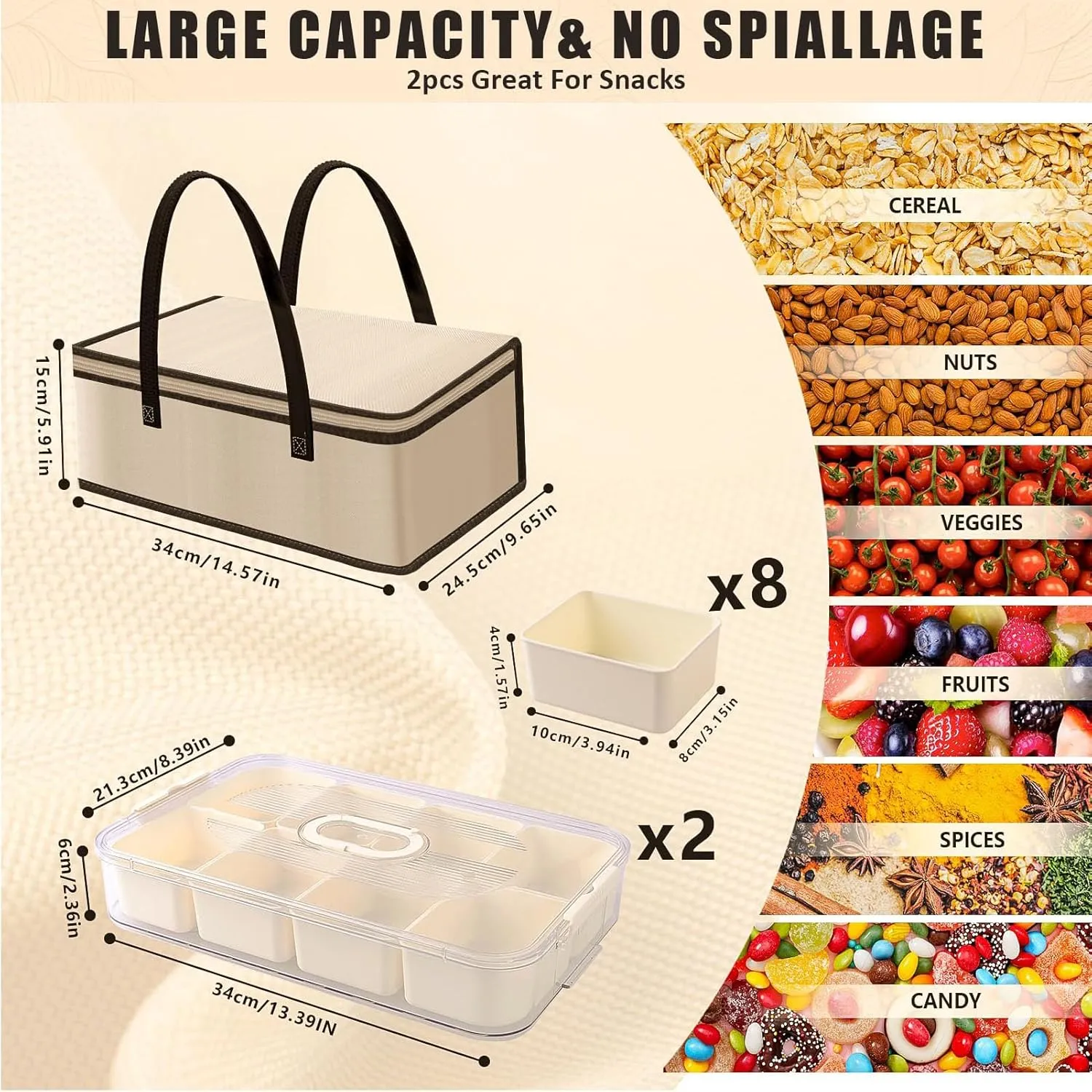 Snacks Box Container,Portable Snackle Container - Divided Serving Tray with Lid and Handbag for Candy,Fruits,Nuts,Veggie,Snackle Box Container - Perfect for Party,Travel,Picnic,White,2Pcs