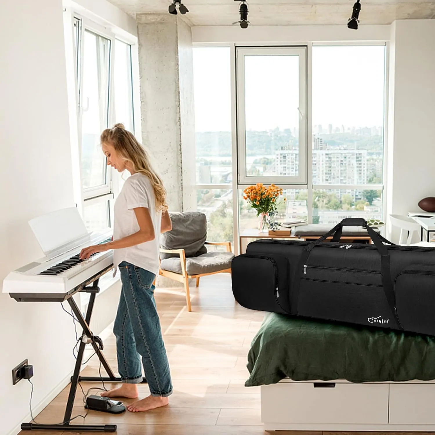 SNIGJAT 88 Key Keyboard Case Soft (Size: 53.5"x13.8"x6.8"), Padded Piano Case with Handle and Adjustable Shoulder Straps, Keyboard Gig Bag with 3 Pockets for Music Stand, Sustain Pedals, All Black