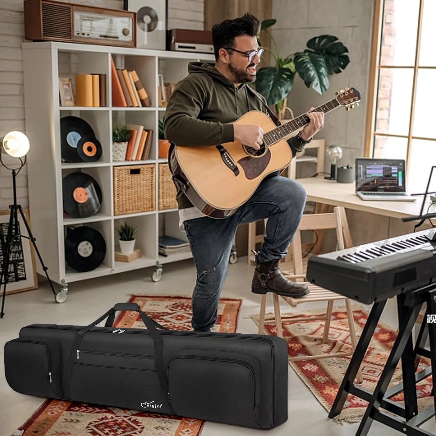 SNIGJAT 88 Key Keyboard Case Soft (Size: 53.5"x13.8"x6.8"), Padded Piano Case with Handle and Adjustable Shoulder Straps, Keyboard Gig Bag with 3 Pockets for Music Stand, Sustain Pedals, All Black