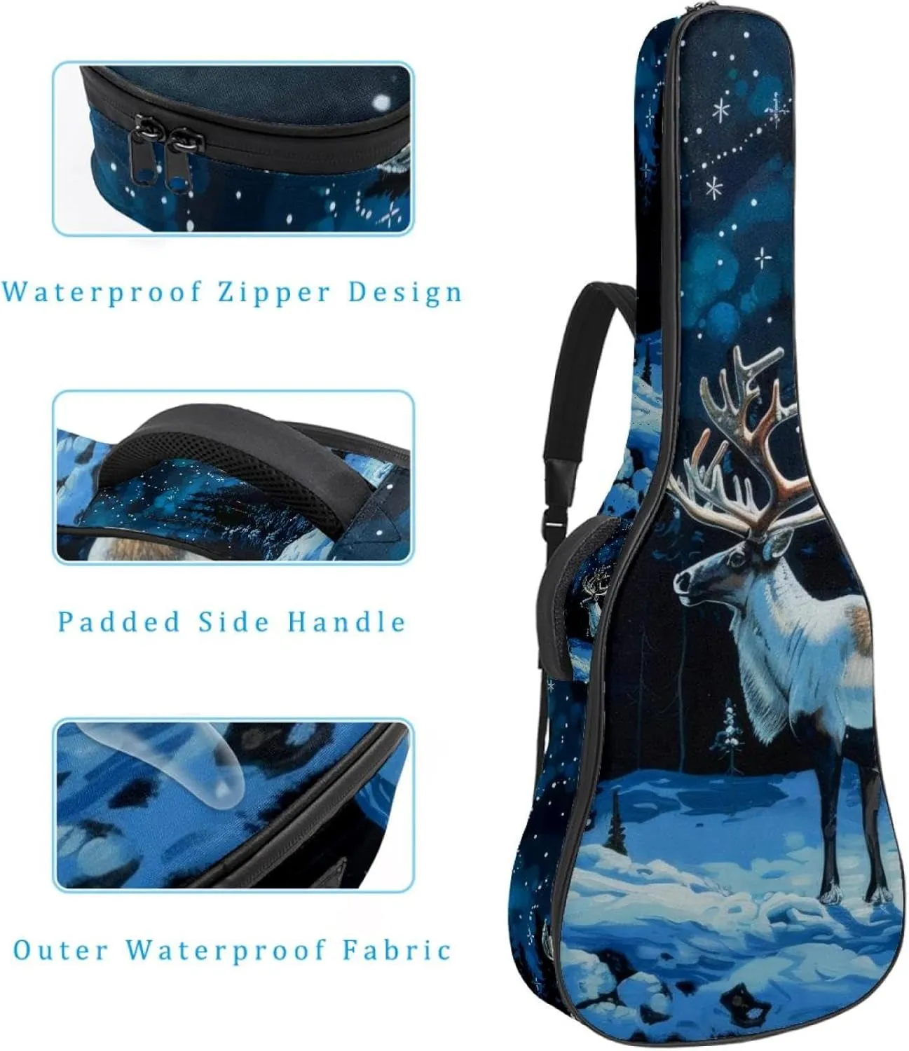 Snow Caribou Tree Night Forest Acoustic Guitar Gig Bag, 1 cm Thick Padding Waterproof Guitar Case Backpack with Dual Adjustable Shoulder Strap for 40-42 Inch Guitar