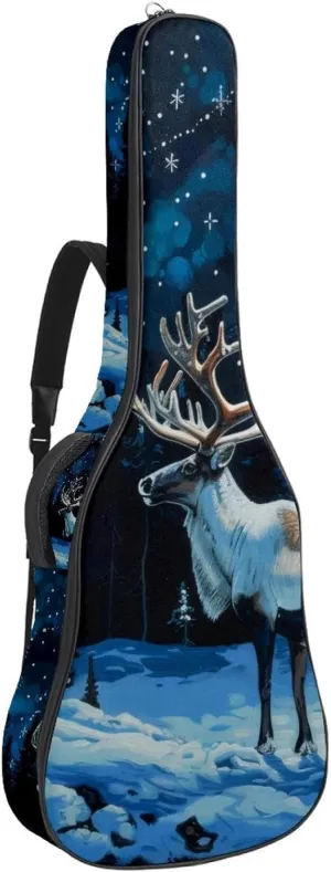 Snow Caribou Tree Night Forest Acoustic Guitar Gig Bag, 1 cm Thick Padding Waterproof Guitar Case Backpack with Dual Adjustable Shoulder Strap for 40-42 Inch Guitar