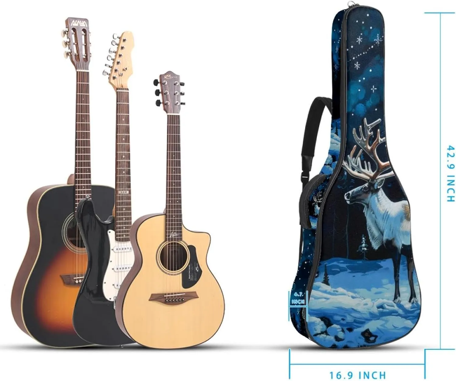 Snow Caribou Tree Night Forest Acoustic Guitar Gig Bag, 1 cm Thick Padding Waterproof Guitar Case Backpack with Dual Adjustable Shoulder Strap for 40-42 Inch Guitar