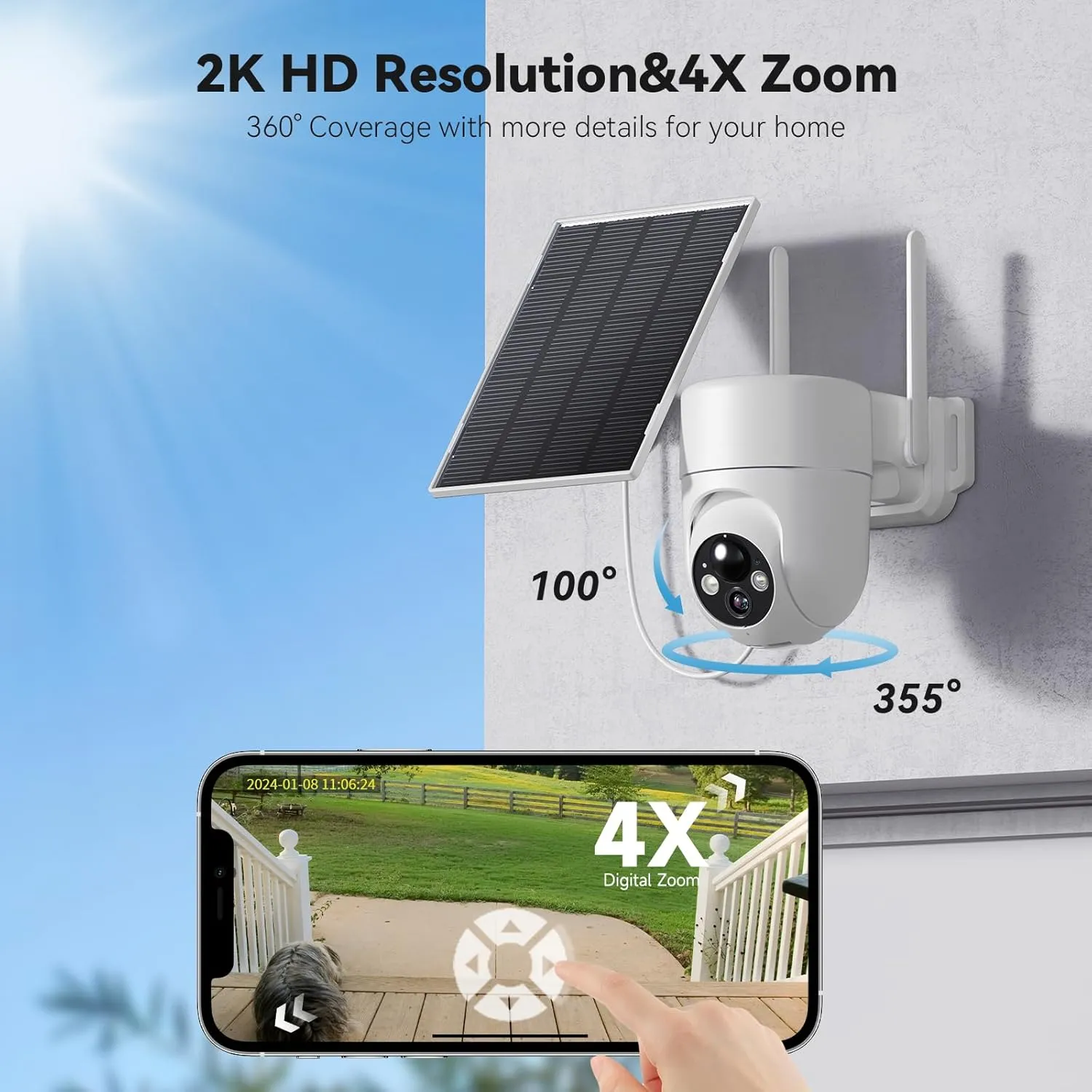 Solar Camera Outdoor Wireless, 2K Color Night Vision, Security Cameras Wireless Outdoor with 360°View, 4X Zoom, Battery Powered, 2.4GHz WiFi Solar Camera, PIR Alarm, IP65 Weatherproof