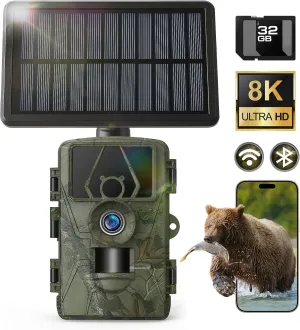 Solar Trail Camera 8K 30FPS, 60MP Bluetooth WiFi Game Camera, APP Control Trail Cam, 120° Detection Angle/Night Vision/0.1S Trigger Motion Activated/IP66 Waterproof, Deer for Wildlife Farm