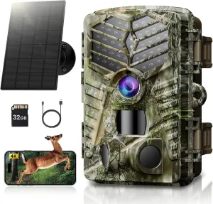 Solareye Trail Camera WiFi - Solar Powered 4K 64MP Game Cameras with Night Vision Motion Activated Waterproof with 32GB Micro SD Card, IP66 120° Detection Angle 0.2s Trigger 940nm No Glow LED Wildlife