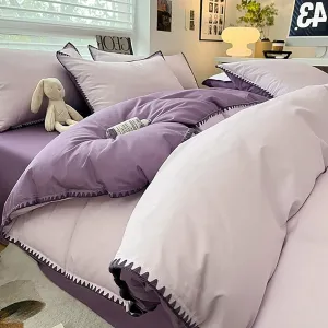 Solid Color Cotton Duvet Cover Set with Embroidery,4-Piece Quilt Cover Queen Size for All Season,Soft Comforter Bedding Cover with Zipper Closure(Purple B,Twin)