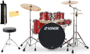 Sonor AQX Stage Drum Set - Red Moon Sparkle Bundle with Drum Throne, Drumsticks, Drumstick Bag, and Austin Bazaar Polishing Cloth