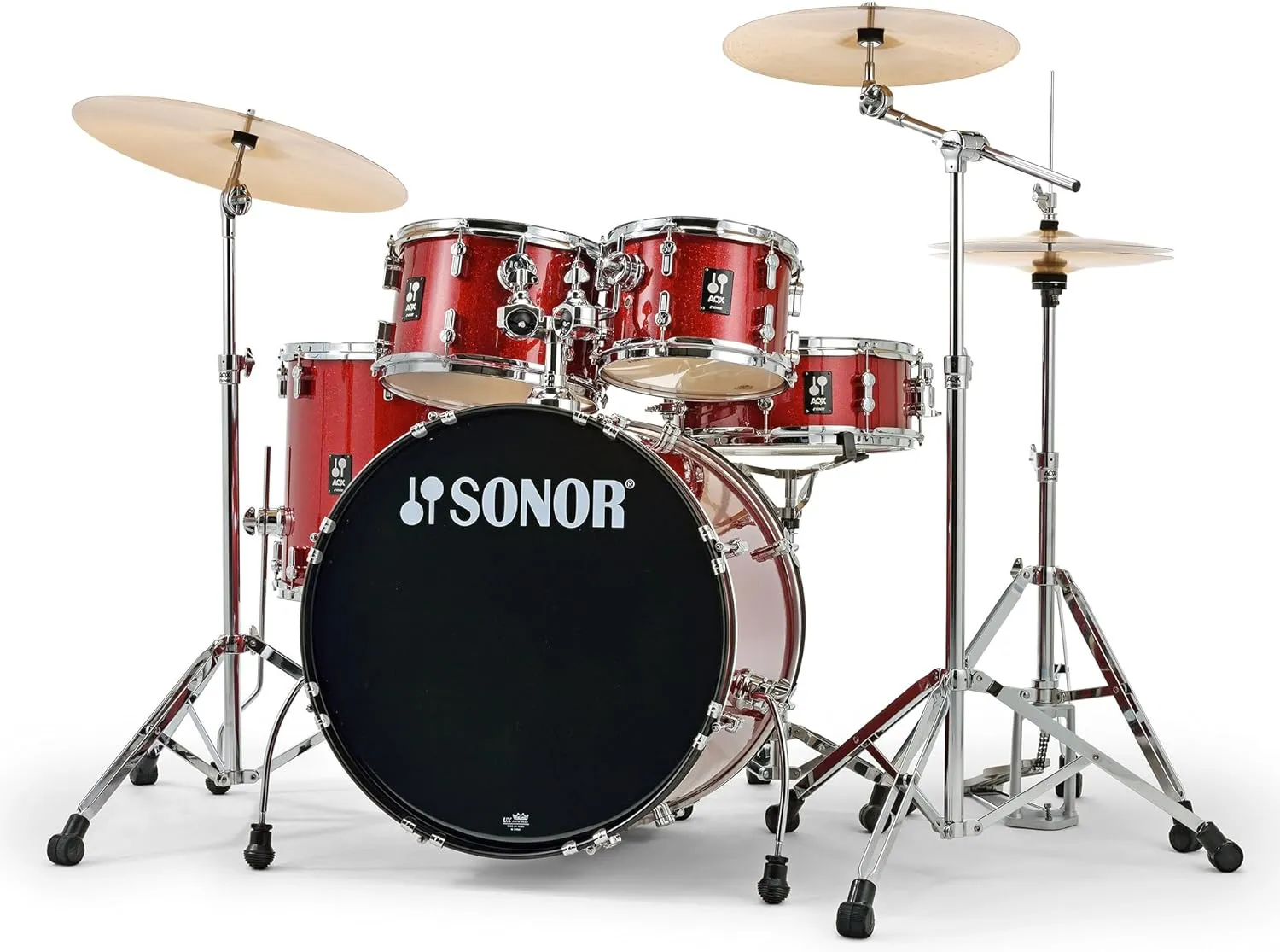 Sonor AQX Stage Drum Set - Red Moon Sparkle Bundle with Drum Throne, Drumsticks, Drumstick Bag, and Austin Bazaar Polishing Cloth