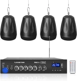 Sound Town Commercial Restaurant Bluetooth Amplifier   Pendant Speaker Set, with One 2-Zone 70V/100V Amplifier with Bluetooth, 4 x All-Weather 4-Inch Pendant Speakers, Black (PAC80X4PD4B)