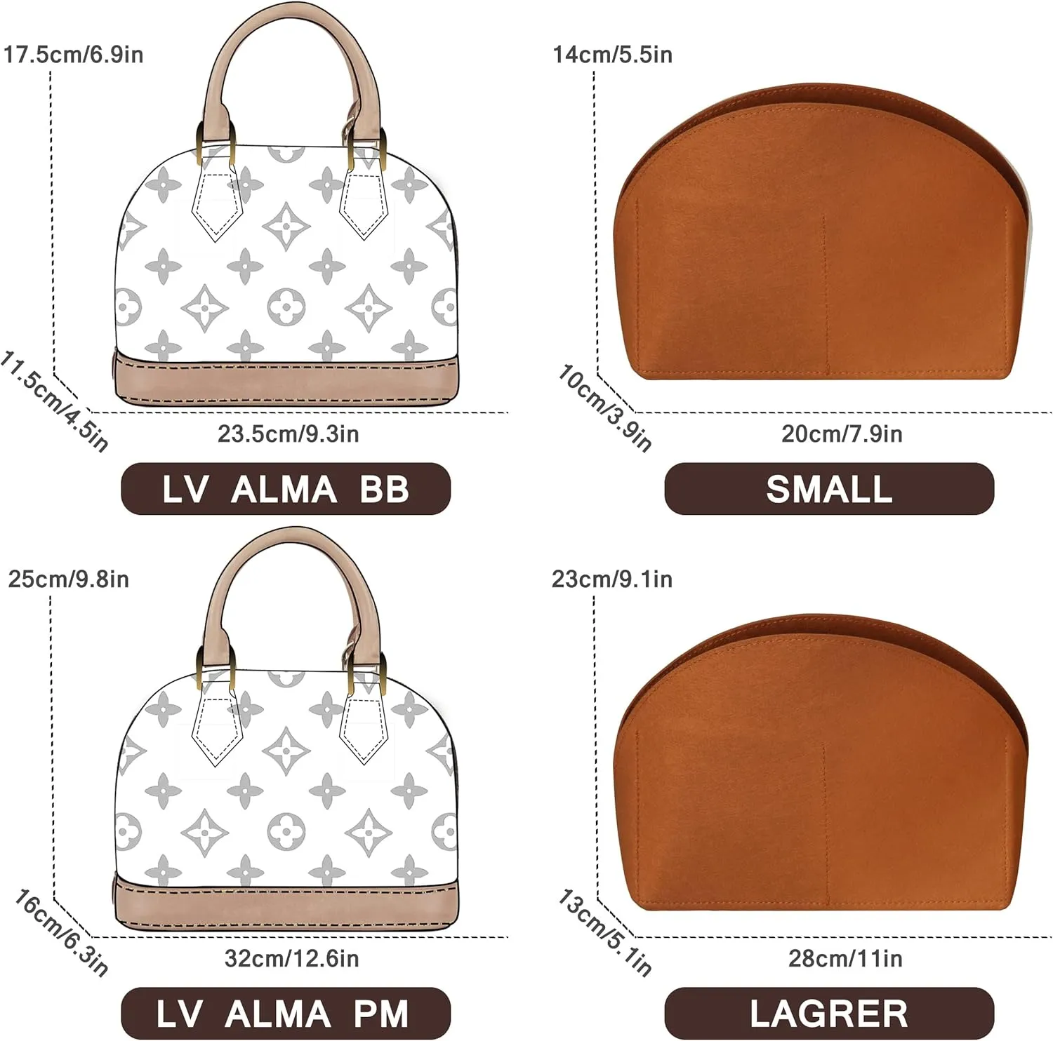 Soyizom Purse Organizer for Alma insert, Felt Bag Organizer Purse Organizer Insert For Alma PM BB insert organizer(PM,Brown)