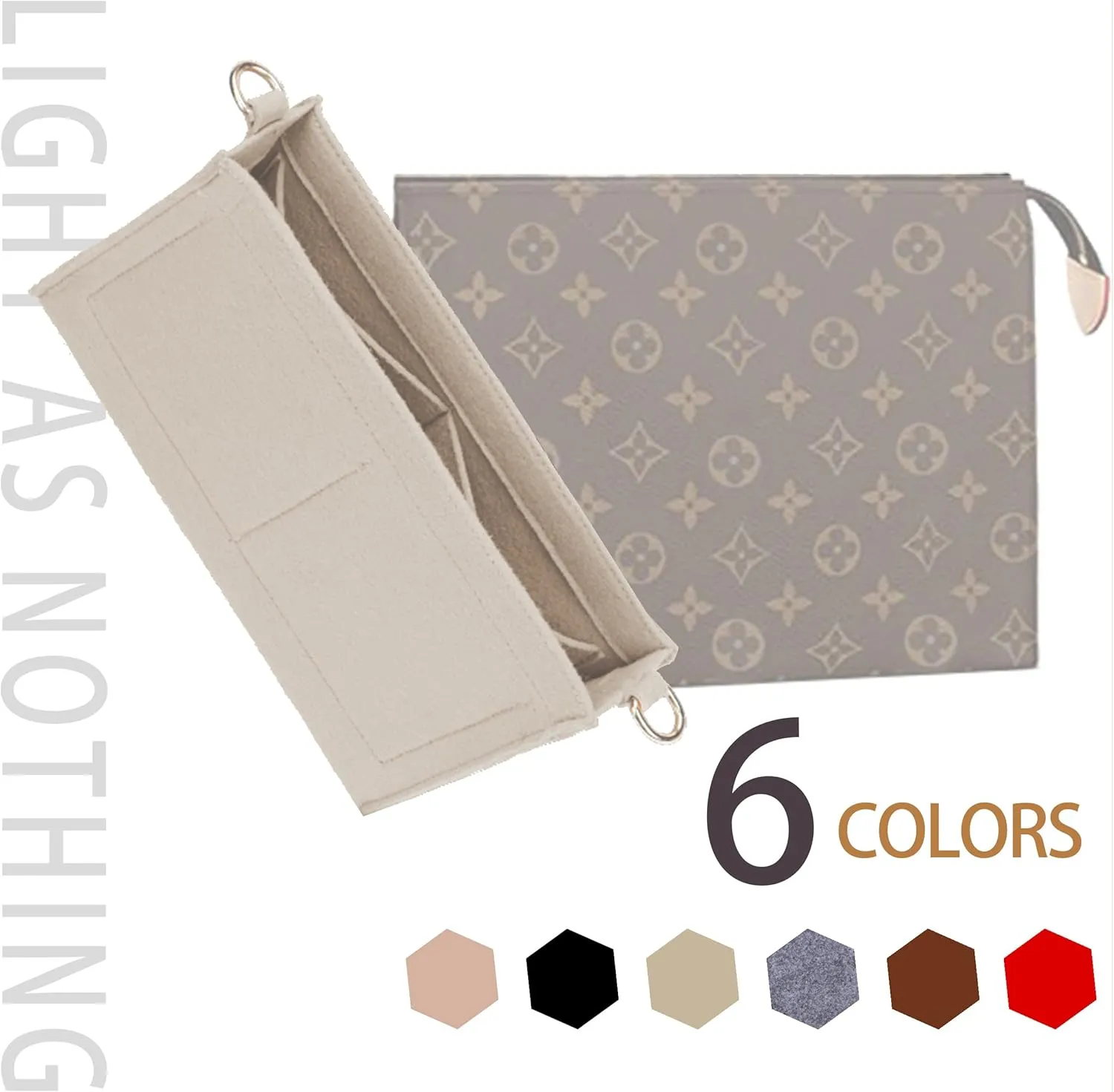 Soyizom Toiletry Pouch - 26 Bag Organizer Insert for Cosmetics, Felt Purse Organizer Insert with Keychain & Gold Buckle & Zip (Large, Grey)