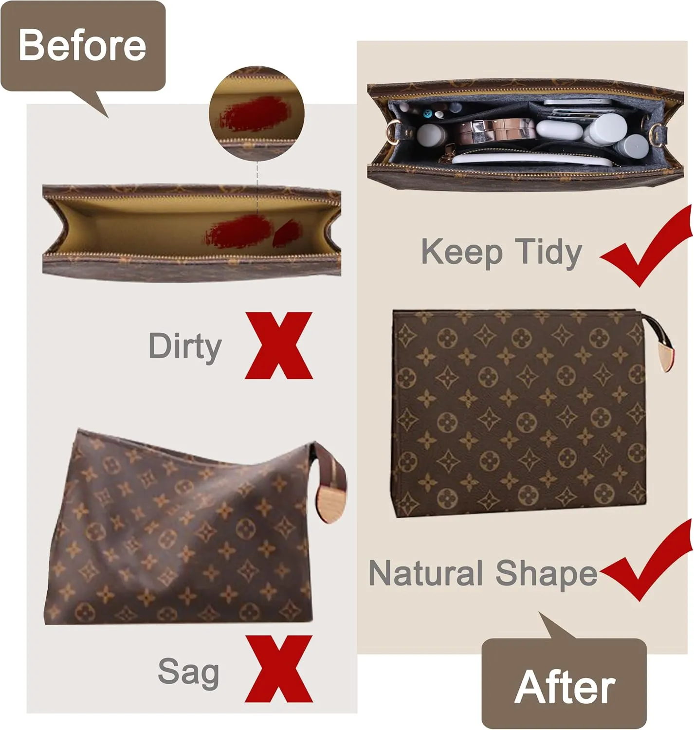 Soyizom Toiletry Pouch - 26 Bag Organizer Insert for Cosmetics, Felt Purse Organizer Insert with Keychain & Gold Buckle & Zip (Large, Grey)