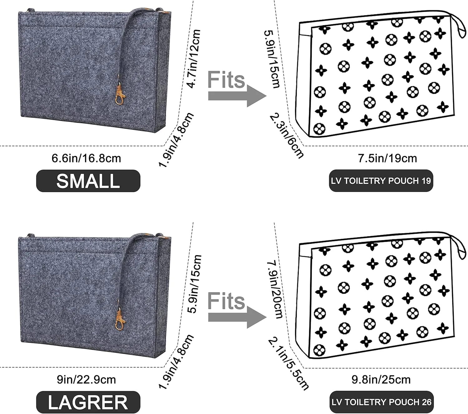 Soyizom Toiletry Pouch - 26 Bag Organizer Insert for Cosmetics, Felt Purse Organizer Insert with Keychain & Gold Buckle & Zip (Large, Grey)