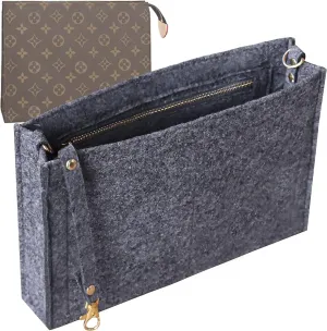 Soyizom Toiletry Pouch - 26 Bag Organizer Insert for Cosmetics, Felt Purse Organizer Insert with Keychain & Gold Buckle & Zip (Large, Grey)