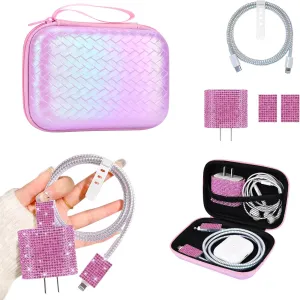 Sparkle Phone Charger Case Storage Sets Wire Saver Cable Protector with Laser Pink Travel Storage Bag, Luxury Cable Charger Protector Cord Organizer for iPhone (Glitter Pink)