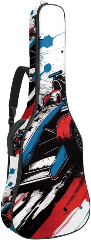 Speeding Racing Car with Checkered Flag Acoustic Guitar Bag, Guitar Case Gig Bag 40 41 42 inch with Dual Adjustable Shoulder Strap and Back Hanger Loop