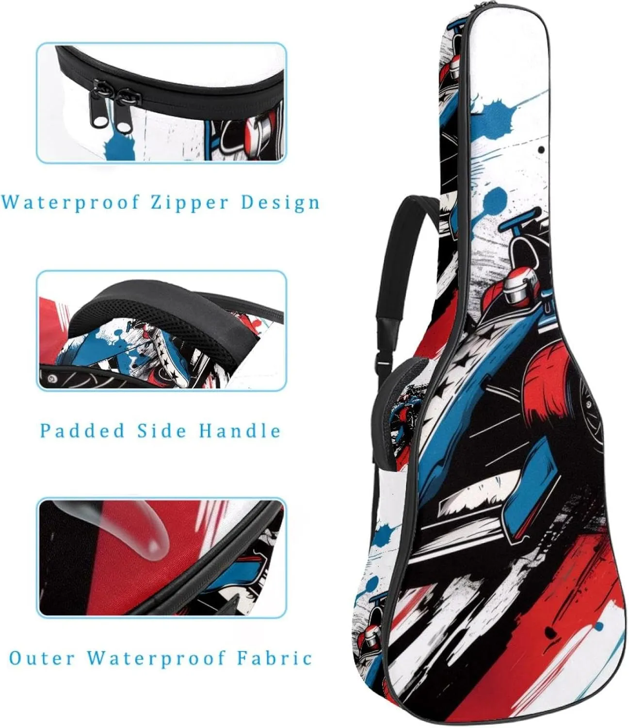 Speeding Racing Car with Checkered Flag Acoustic Guitar Bag, Guitar Case Gig Bag 40 41 42 inch with Dual Adjustable Shoulder Strap and Back Hanger Loop
