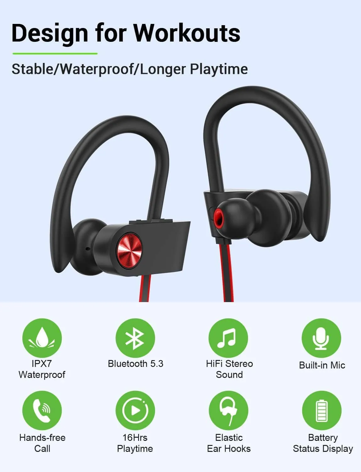 Stiive Bluetooth Headphones, 5.3 Wireless Sports Earbuds IPX7 Waterproof with Mic, Stereo Sweatproof in-Ear Earphones, Noise Cancelling Headsets for Gym Running Workout, 16 Hours Playtime - BlackRed