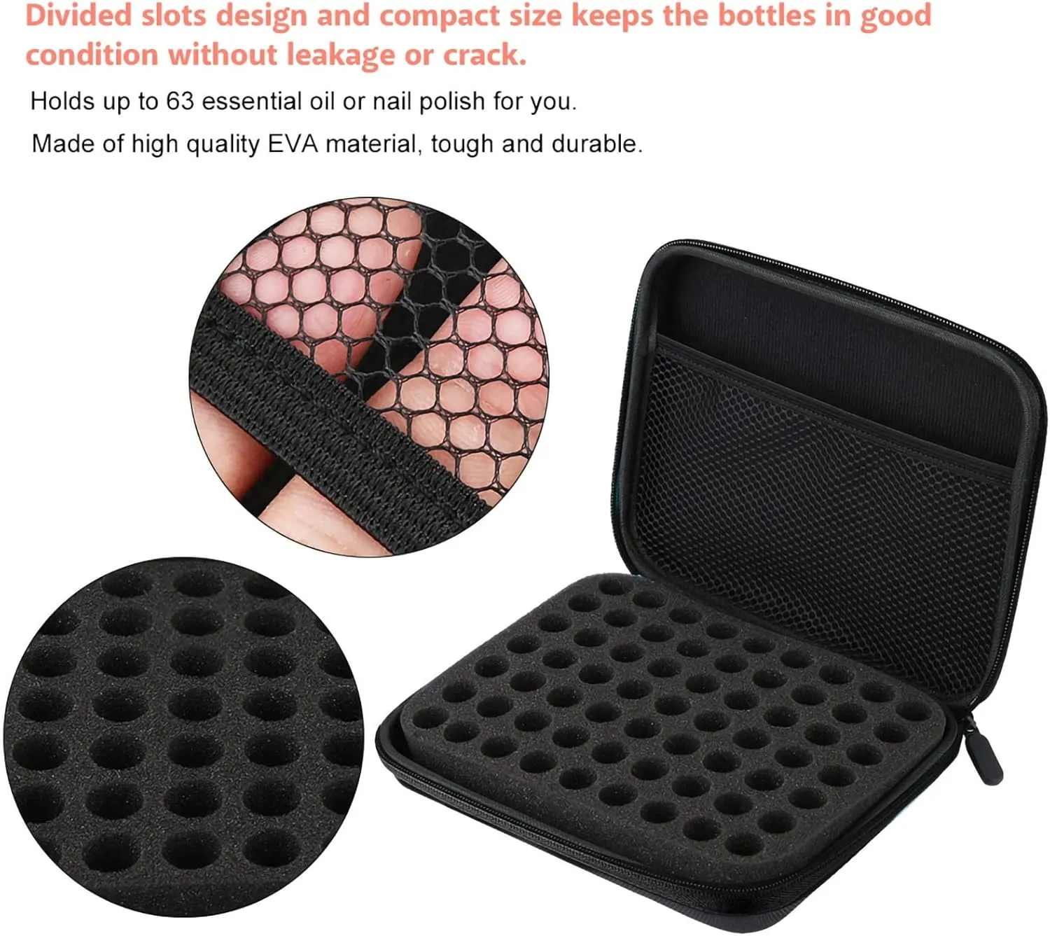 Storage Bag,63 Slots Essential Oils Storage Essential Oils Carrying Case Portable Hard Shell Shockproof Durable, Come with Bottle Opener Bottle Labels Holder Organizer Carrying Case(Black)