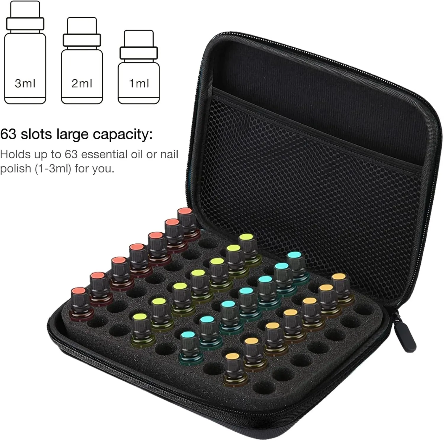 Storage Bag,63 Slots Essential Oils Storage Essential Oils Carrying Case Portable Hard Shell Shockproof Durable, Come with Bottle Opener Bottle Labels Holder Organizer Carrying Case(Black)