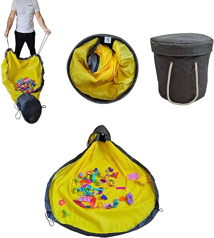 Storage Organizer Baskets and Play Mat, Outdoor Quick Storage Bag, Bag with Zipper, Organizer, Quick Collapsible Canvas Bin-Dark Grey-Zipper