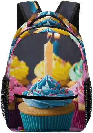 Stylish Backpack, Colorful Happy Birthday Cupcakes Print Durable Backpack Travel Backpack Hiking Backpack Ergonomic Backpack Comfortable Backpack