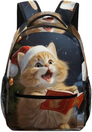 Stylish Backpack, Cute Cat Sing Christmas Carols Print Durable Backpack Travel Backpack Hiking Backpack Ergonomic Backpack Comfortable Backpack, Style