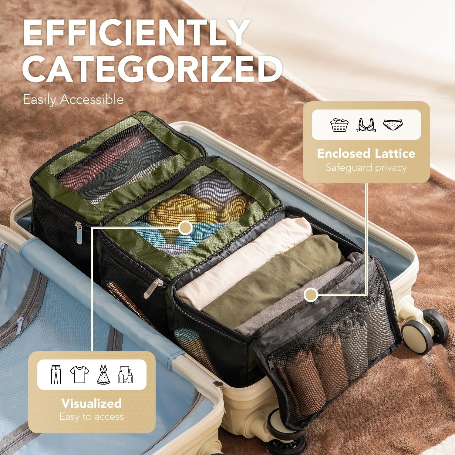 Suitcase Organizer, HangingTravel Organizer Carry On Luggage Organizer, Portable Hanging Shelves Packing Cubes for Cruise Ship Essentials, Small, Green