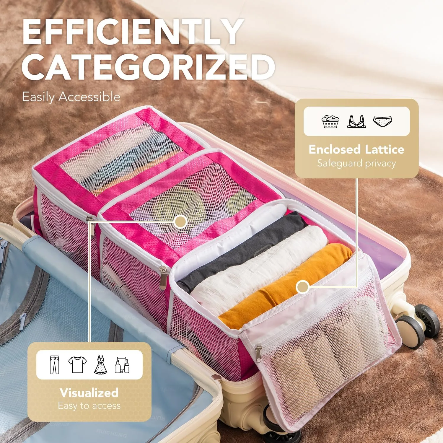 Suitcase Organizer, HangingTravel Organizer Carry On Luggage Organizer, Portable Hanging Shelves Packing Cubes for Cruise Ship Essentials, Small, Pink