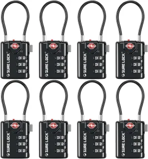SURE LOCK TSA Compatible Travel Luggage Locks, Inspection Indicator, Easy Read Dials TSA Approved with Zinc Alloy (1, Black 8 Pack)