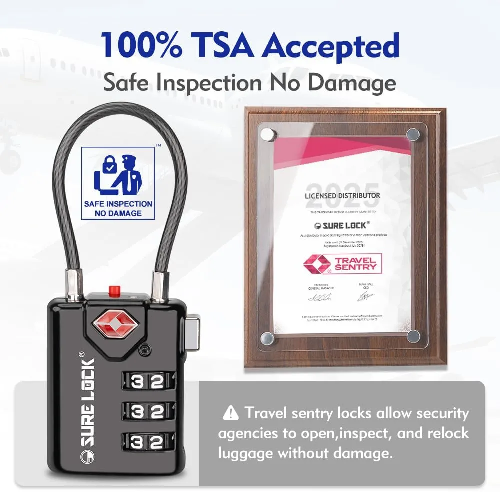 SURE LOCK TSA Compatible Travel Luggage Locks, Inspection Indicator, Easy Read Dials TSA Approved with Zinc Alloy (1, Black 8 Pack)