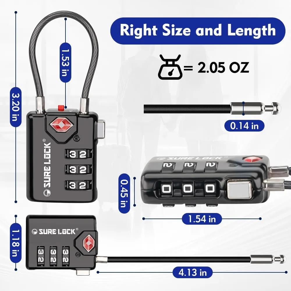 SURE LOCK TSA Compatible Travel Luggage Locks, Inspection Indicator, Easy Read Dials TSA Approved with Zinc Alloy (1, Black 8 Pack)