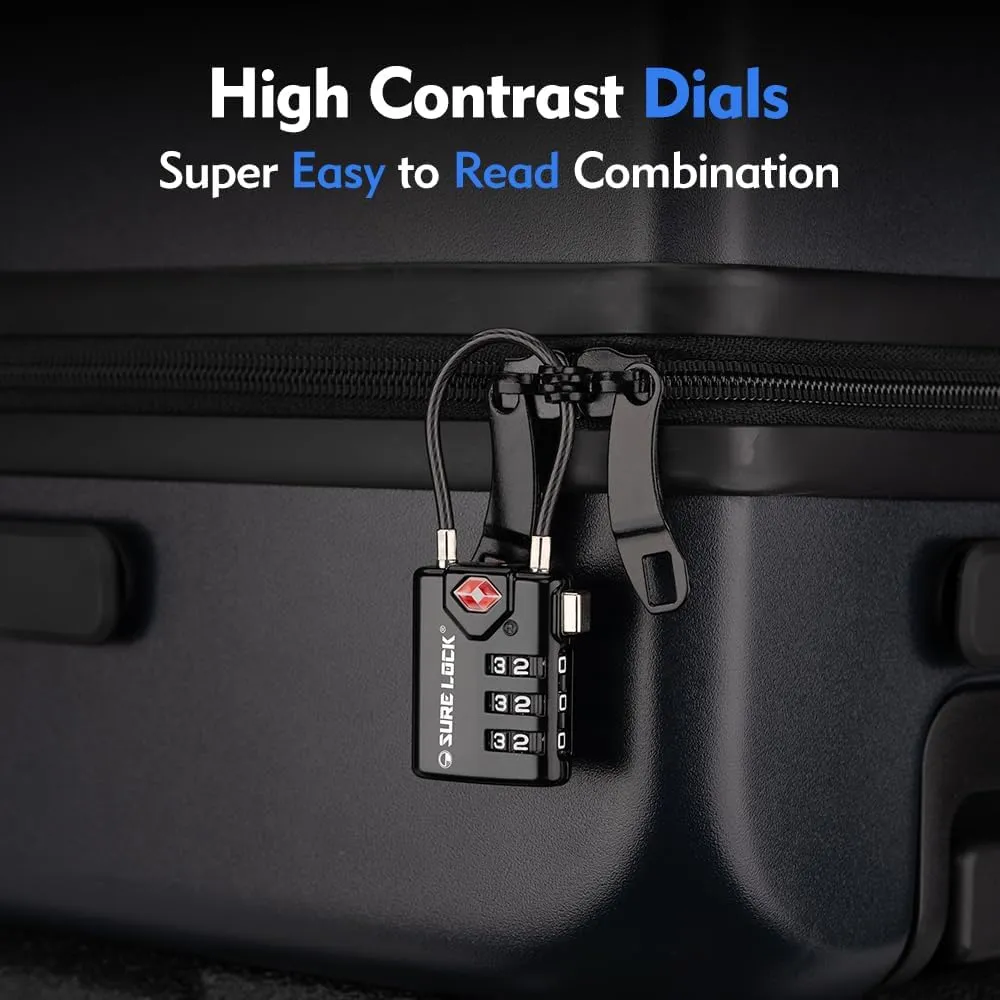 SURE LOCK TSA Compatible Travel Luggage Locks, Inspection Indicator, Easy Read Dials TSA Approved with Zinc Alloy (1, Black 8 Pack)