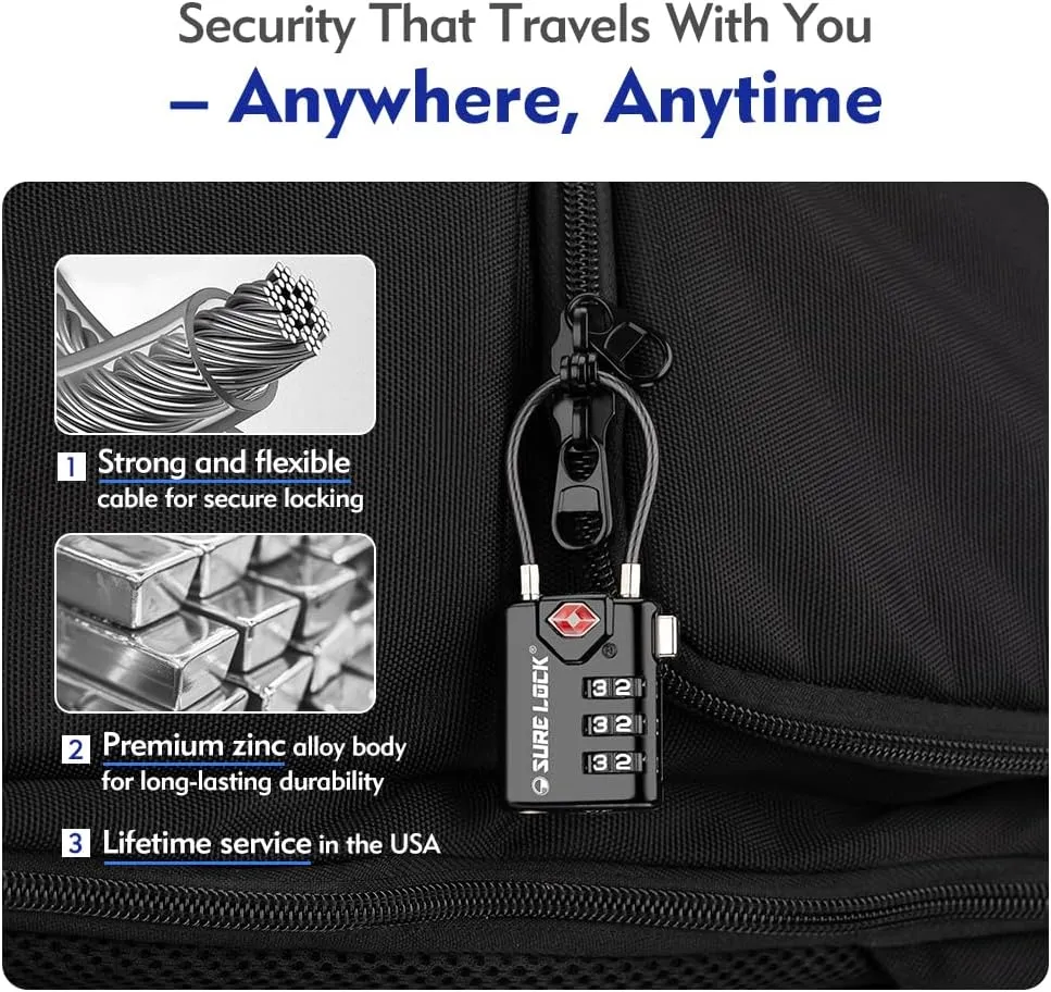 SURE LOCK TSA Compatible Travel Luggage Locks, Inspection Indicator, Easy Read Dials TSA Approved with Zinc Alloy (1, Black 8 Pack)