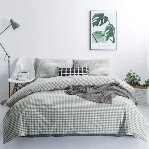 SUSYBAO Green Gingham Duvet Cover King Size 100% Washed Cotton Grid Duvet Cover Set 3 Pieces 1 Green Plaid Duvet Cover with Zipper Ties 2 Pillow Cases Luxury Green Gingham Grid Bedding Set Breathable