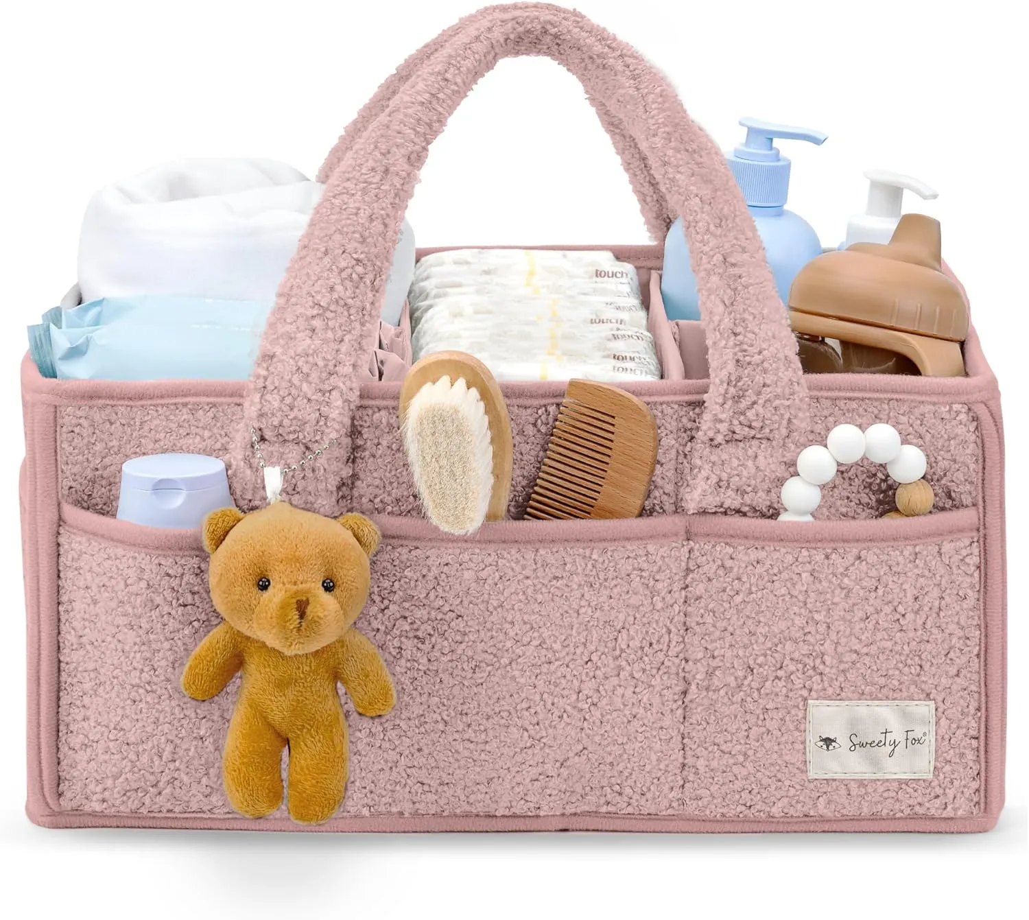 Sweety Fox Baby Diaper Caddy Organizer with Handle - Portable Sherpa Nursery Basket - Car Diaper Organizer, Cleaning Caddy, Gift for Baby Shower - Pink