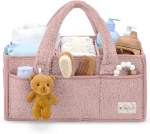 Sweety Fox Baby Diaper Caddy Organizer with Handle - Portable Sherpa Nursery Basket - Car Diaper Organizer, Cleaning Caddy, Gift for Baby Shower - Pink