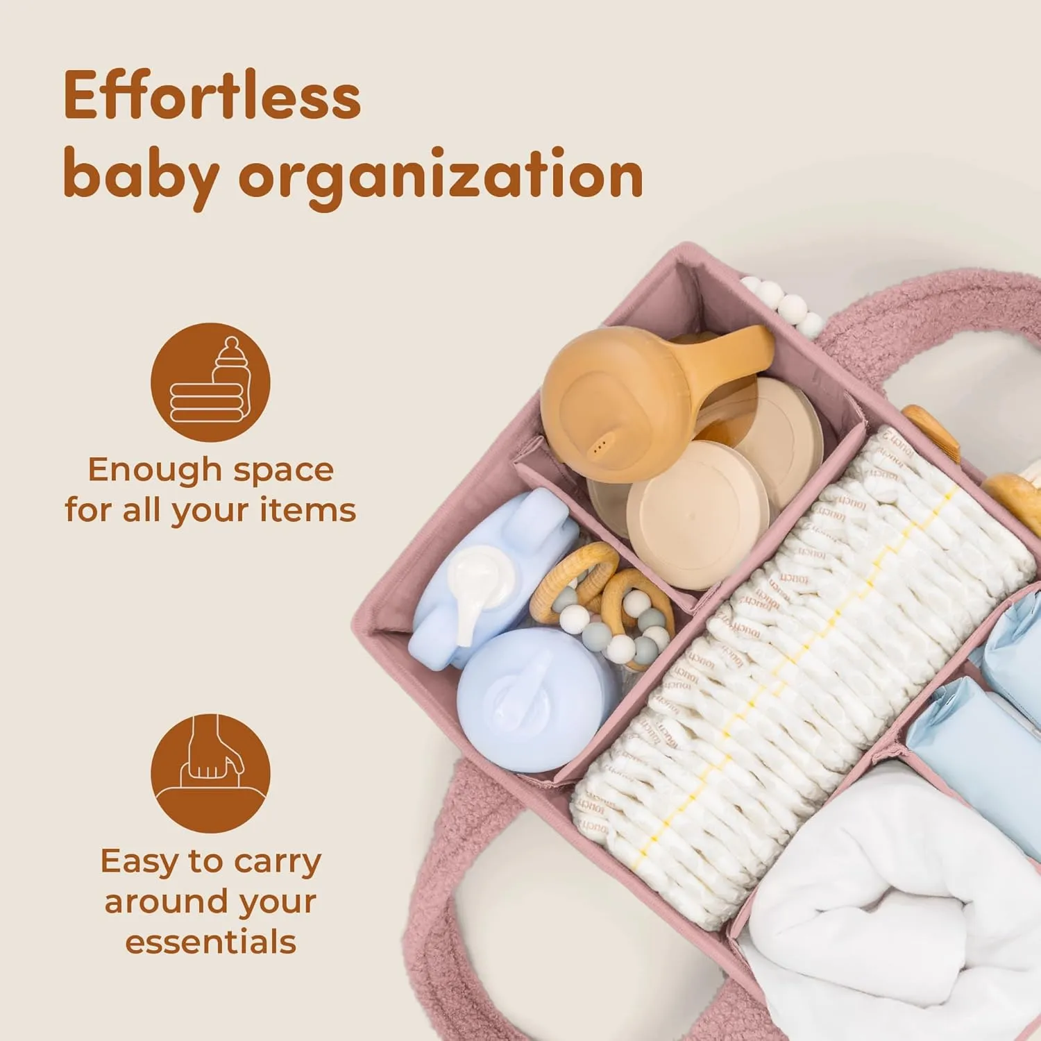 Sweety Fox Baby Diaper Caddy Organizer with Handle - Portable Sherpa Nursery Basket - Car Diaper Organizer, Cleaning Caddy, Gift for Baby Shower - Pink