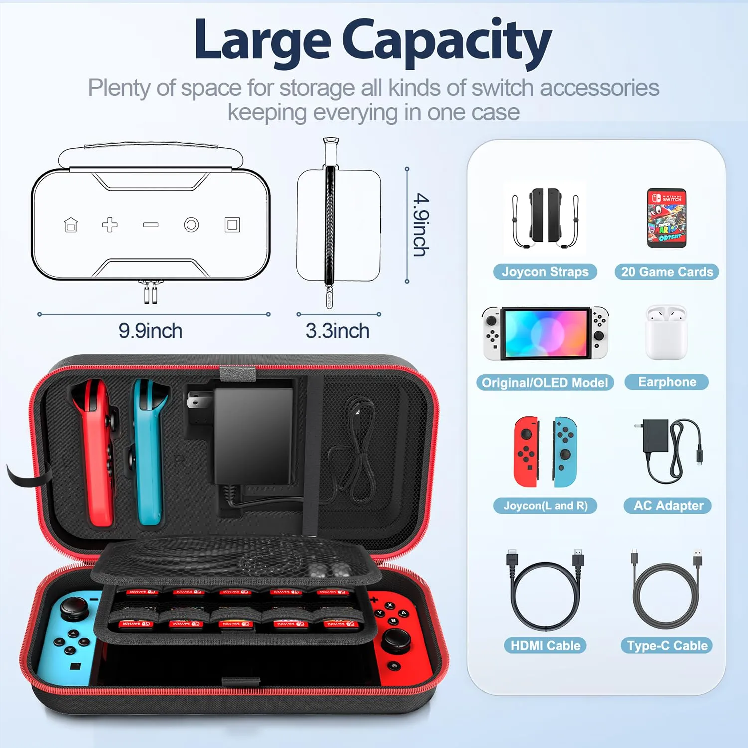 Switch OLED Carrying Case Compatible with Nintendo Switch & Switch OLED, Portable Switch Travel Carry Case Fit for Joy-Con and Adapter, Hard Shell Protective Switch Pouch Case with 20 Games, Red