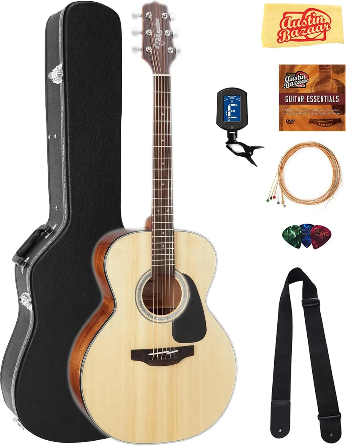 Takamine GN30 NEX Acoustic Guitar - Natural Bundle with Hard Case, Tuner, Strap, Strings, Picks, Austin Bazaar Instructional DVD, and Polishing Cloth