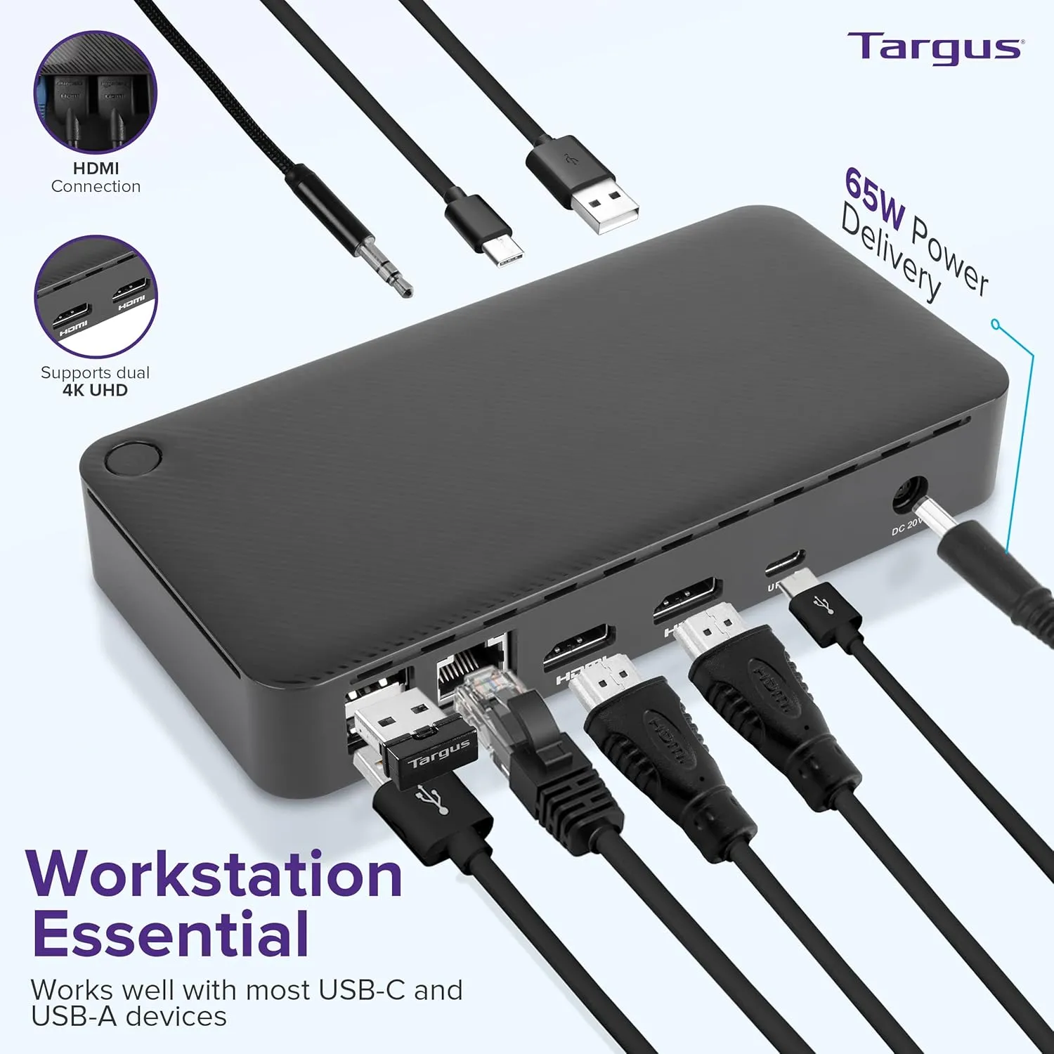 Targus USB C Docking Station Universal DV4K, USB C Laptop Docking Station Dual Monitor 2 HDMI, 65W Power Delivery, DisplayLink Works w/Operating Systems Like Windows, Mac, Android, iOS (DOCK310USZ)