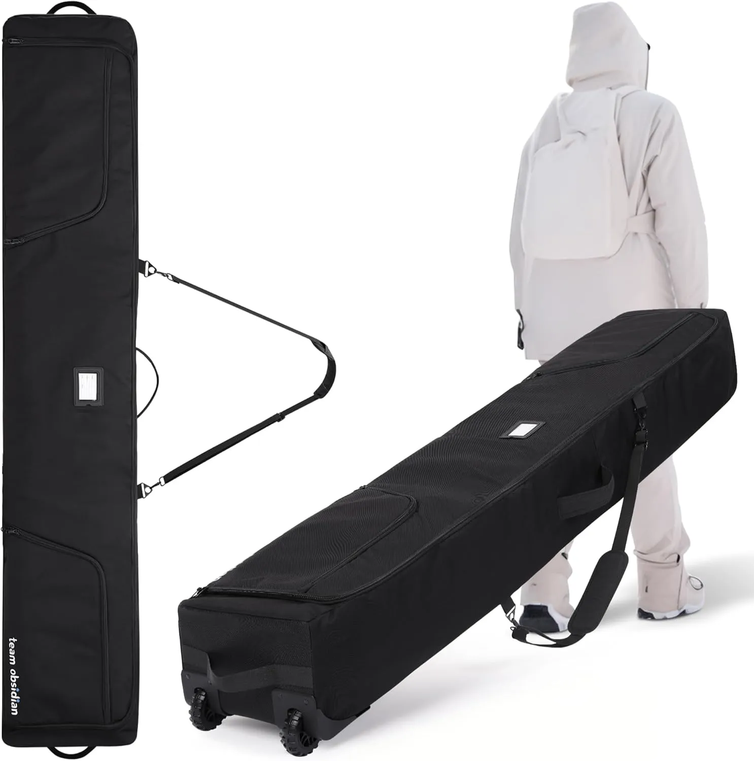 TeamObsidian Ski Bag - Can Hold Double Skis Up to 175 cm (5 ft 7") - Heavy Duty Padded Ski Bags for Air Travel - Water Resistant Snowboard or Skiing Kit Bag with Wheels