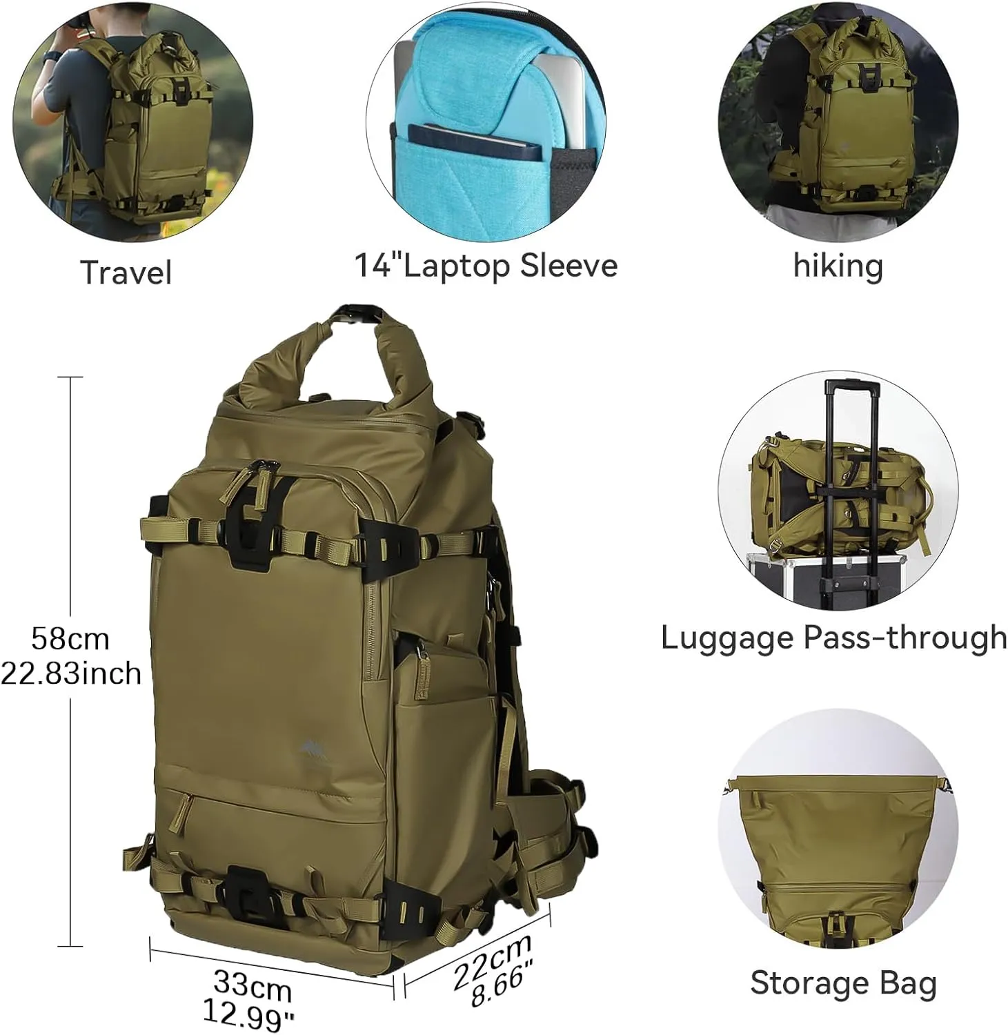 Tenzing 40L Water Resistant Large Travel Camera Backpack 16 inch Laptop Compartment with Rain Cover Fits DSLR, DSLR Cameras, Drone, Lenses,Tripod Brown