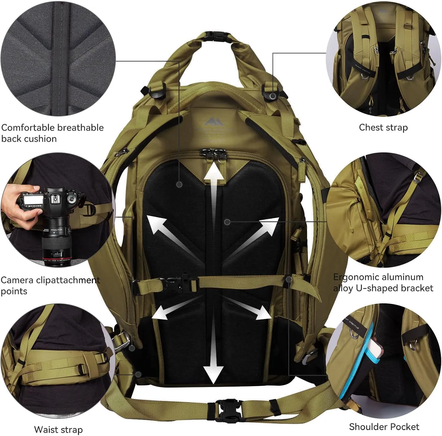 Tenzing 40L Water Resistant Large Travel Camera Backpack 16 inch Laptop Compartment with Rain Cover Fits DSLR, DSLR Cameras, Drone, Lenses,Tripod Brown
