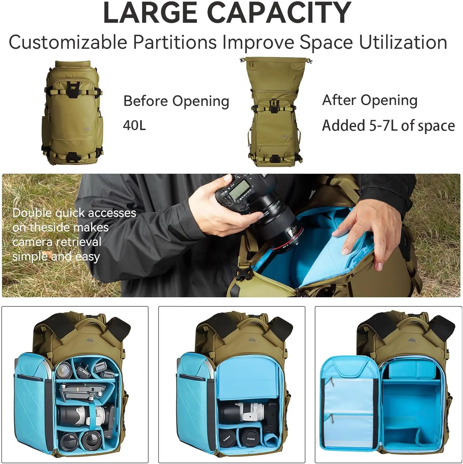Tenzing 40L Water Resistant Large Travel Camera Backpack 16 inch Laptop Compartment with Rain Cover Fits DSLR, DSLR Cameras, Drone, Lenses,Tripod Brown
