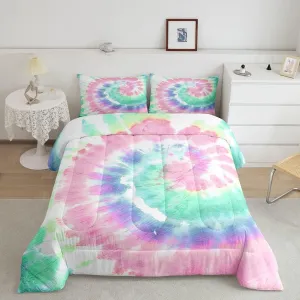 Tie Dye Down Comforter, Girls Boho Psychedelic Pink Comforter Set Full Size, Bohemian Gypsy Watercolor Duvet Insert for Kids Boys Teens, Exotic Spiral Quilted Duvet Comfy Decorative Room, Teal Blue